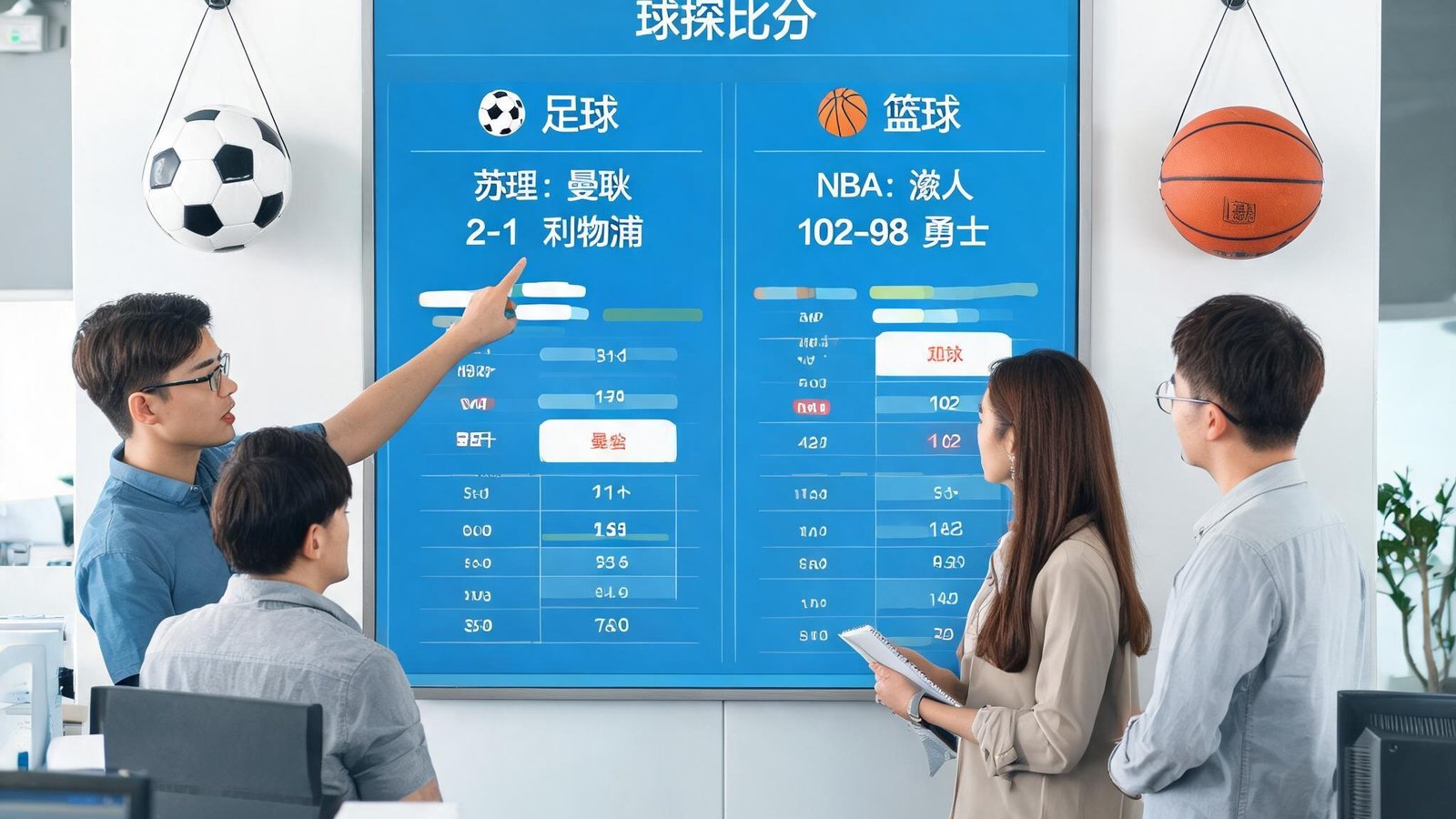 球探比分手机版团队成员在办公室讨论数据面板，墙上挂着足球和篮球