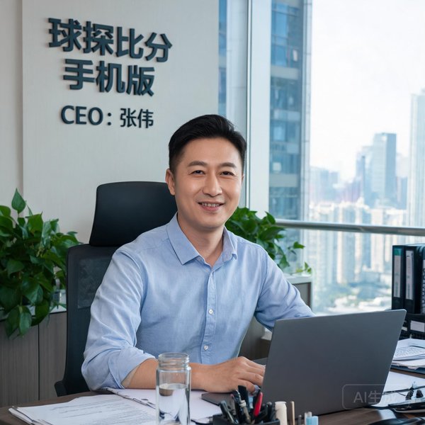 球探比分手机版CEO张伟在办公室微笑，身穿休闲衬衫