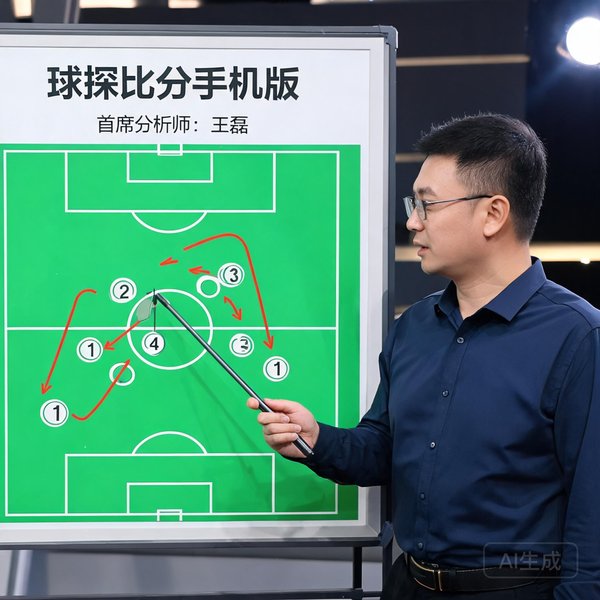 球探比分手机版首席分析师王磊正在对着战术板讲解